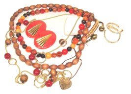 Mixed Jewelry Lot Necklace earrings Eclectic Mod Boho Red Browns retro - £11.59 GBP