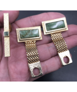 VTG Green Marble Stone Rectangular Gold Tone Mesh Cufflinks &amp; Tie Clip Bar - £10.92 GBP