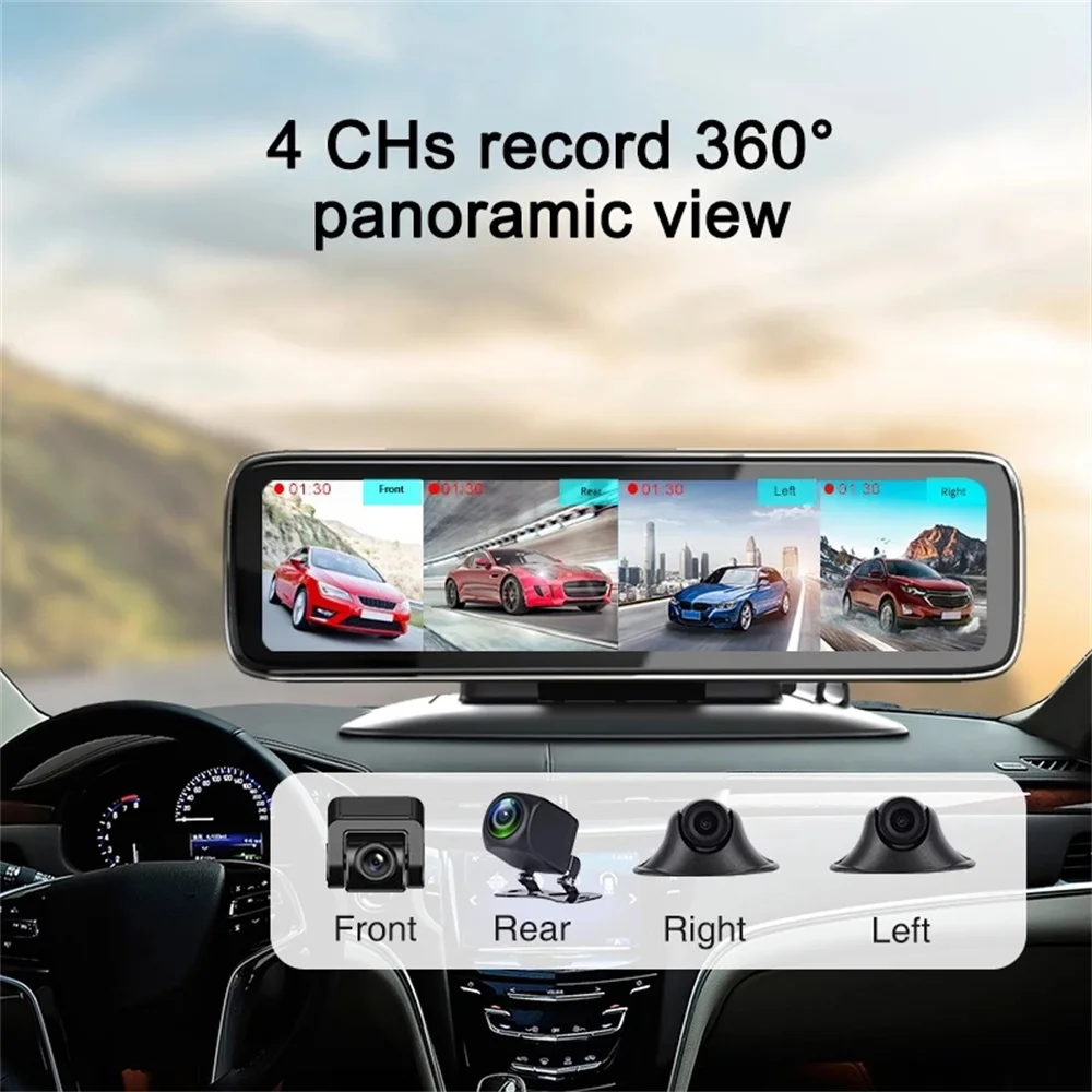 360° Panoramic Dashboard Car DVR 12 Inch Touch Screen 4 Channel FHD 1080P IPS - £217.53 GBP