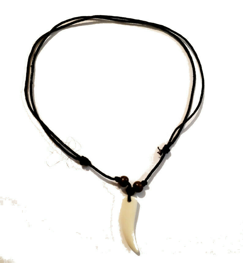 Off White Tusk Pendant Cord Adjustable Choker Necklace - $12.00