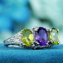 Natural Amethyst Peridot Vintage Style Filigree Three Stone Ring in 9K Gold - £435.02 GBP