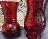 2 Vintage Art Deco Anchor Hocking Royal Ruby Red Glass Ribbed Ball Vases - $11.88