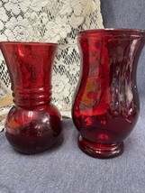 2 Vintage Art Deco Anchor Hocking Royal Ruby Red Glass Ribbed Ball Vases - £9.34 GBP