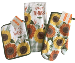 Sunflowers Give Thanks Thanksgiving Dish Towel Oven Mitt Pot Holder Set of 3 - $24.47