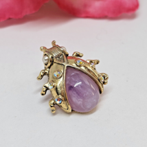 Purple Lucite Jelly Belly Bug Insect Gold Tone  Rhinestone Figural Pin - £13.48 GBP