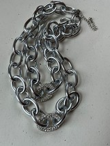 Chunky Double Strand Silvertone Open Oval Chain w Two Clear Rhinestone Encrusted - £8.99 GBP