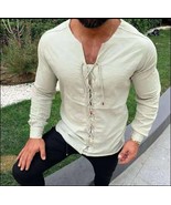 Early Norseman Medieval Viking Laced Up Long Sleeve Ivory Tunic Shirt - £47.01 GBP