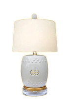 Beautiful White Porcelain Garden Stool Lamp w Acrylic Base Shade and Finial 17&quot; - £155.69 GBP