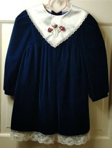 VTG Rose Cottage Dress Sz 6 Blue Velvet Long Sleeve White Lace Trim Rose Collar - £22.83 GBP