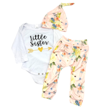 Little Sister 3pc Baby Outfit 6 months White Bodysuit Floral Pants Hat - £6.33 GBP