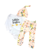 Little Sister 3pc Baby Outfit 6 months White Bodysuit Floral Pants Hat - £6.23 GBP