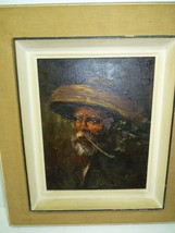 Vtg Oil Painting /B, Old Man w/Pipe &amp; Straw Hat, Chinese Signature, 31 x 25 cm - $117.06