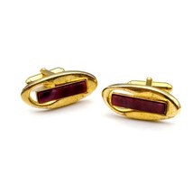 Elongated Hickok Cuff Links, Swanky Vintage Gold Tone Oval with Long Red Rectang - $30.96