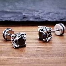 Black CZ Screw Back Stud Earrings Punk Gothic Jewelry For Men Stainless Steel - £8.60 GBP