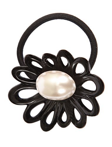 Caravan Hand Decorated French Pony Tail Flower with Large Oval Pearl, Black.65 O