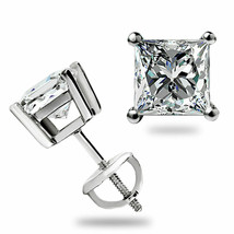 3.0 Ct Solitaire Princess Cut Stud Earrings Lab Diamond 14K White Gold Screwback - £91.82 GBP