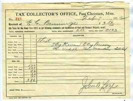 Pass Christian Mississippi Tax Collectors Office Receipt 1922 - £17.13 GBP