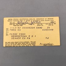 Vintage 1944 Pennsylvania Motore Veicolo Registrazione Scheda per Un 194... - $35.50