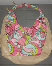 Disney shoulder bag purse pink/blue/green swirls/flowers with tan trim USED - $238.92 MXN