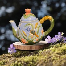 MAJOLICA Teapot Dragonflies Birds Lotus Blossom Flowers Blue Pottery Embossed - £46.19 GBP
