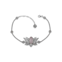 Filigree Art Silver Rose Quartz Gemstone Lotus Flower Design Woman Link Bracelet - £51.59 GBP