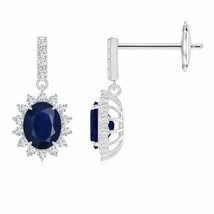 Blue Sapphire Oval Drop Earrings with Diamond in 14K Gold (Grade-A , 5x4MM) - £531.65 GBP