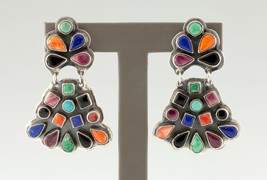 Spirit Winds Navajo Earrings W/ Colorful Gem Set in Sterling, Signed L. U. W - £395.60 GBP