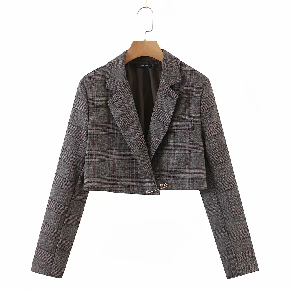 XEASY 2021 Women  2-Piece Set Vintage Plaid Short Blazer Coat Female  Waist Side - £119.28 GBP