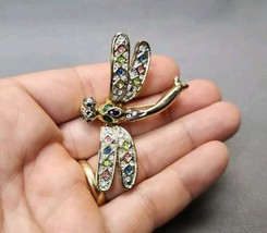 Vintage Gold-tone Dragonfly Trembler Brooch Insect Pin Multicolor Rhines... - £16.38 GBP