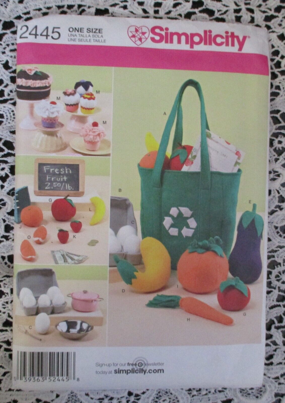 Simplicity 2445 Toy Felt Food Egg Carton Bag Fruits Vegetables Cupcakes Pattern - $10.93