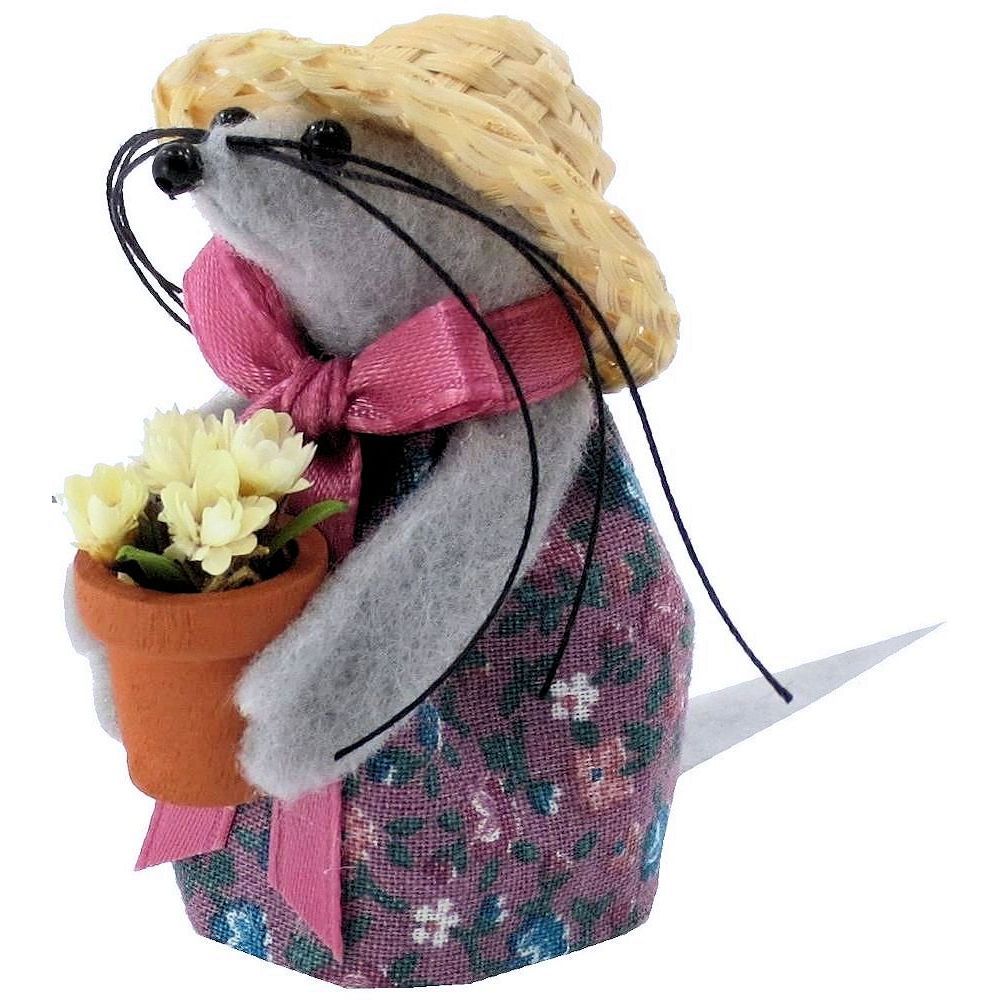 Primary image for Mouse Gardener with Flower Pot and Flowers, Dark Orchid, Flower Print, Handmade