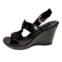 B.O.C Womens Black Sandals Size 6M Wedge Heels Open Toe Slingback Flowers Shiny - £11.67 GBP