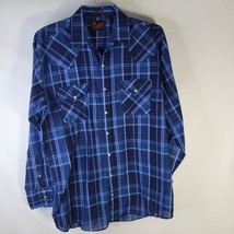 Mens Plains western wear Plaid Pearl snap Poly Cotton Blue Size Large Tall - £14.28 GBP