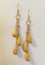 3 Tier Earrings Gold Metal Tear Drop Beads Handmade Pierced Dangle OOAK New Gift - $30.00