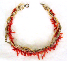 Vintage 3-STRAND Twist Swirl NECKLACE- Dark Red Branch Coral+Filigree+Gold Beads - £37.94 GBP