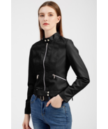 Black Faux Leather Snap Button Stand Neck Zipped Pocket Jacket - $824.17 MXN