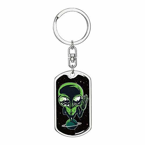 Alien on Planet Dog Tag Pendant Keychain Stainless Steel or 18k Gold