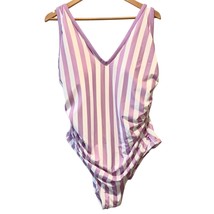 Kona Sol Plus One Piece Purple Stripe Print V-Neck High Leg Swim Suit 18W Plus - £15.87 GBP