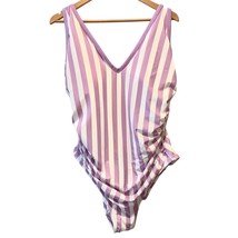 Kona Sol Plus One Piece Purple Stripe Print V-Neck High Leg Swim Suit 18W Plus - £15.82 GBP