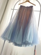 Women Blue Tulle Maxi Skirts Pleated Holiday Tulle Skirts Outfit Wedding Guest image 2