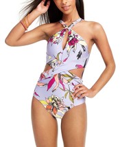 Bar III Wild Tropic Lilac Floral Printed High Neck One Piece Swimsuit Cutout L - £44.51 GBP