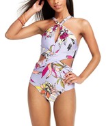 Bar III Wild Tropic Lilac Floral Printed High Neck One Piece Swimsuit Cu... - £44.51 GBP
