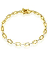 Elegant Paperclip Clear CZ Linked Chain Gold-plated Sterling Silver Brac... - $142.91 CAD