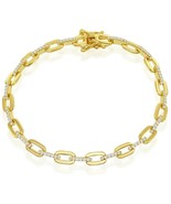 Elegant Paperclip Clear CZ Linked Chain Gold-plated Sterling Silver Brac... - £83.52 GBP