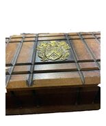 Vintage Wooden Jewelry Box Brass Crest Red Velvet Lining Antique Style O... - $54.99
