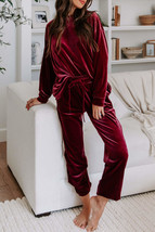 Fiery Red Solid Velvet Two Piece Lounge Set - £30.86 GBP