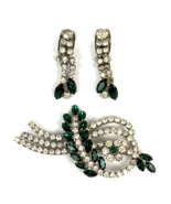 Vintage Emerald Green &amp; Rhinestone Brooch &amp; Earrings Crystal Silver Tone... - €64,77 EUR