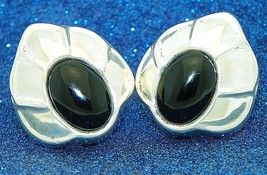 Onyx Solitaire Chunky CLIP-ON Earrings Real Solid .925 Sterling Silver 21.4 G - £85.42 GBP