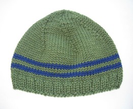 soft green merino wool mens beanie eco-friendly with blue stripes - £20.46 GBP+