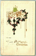 Art Deco Holly Merry Christmas Tree GIlt Embossed DB Postcard I7 - £4.93 GBP